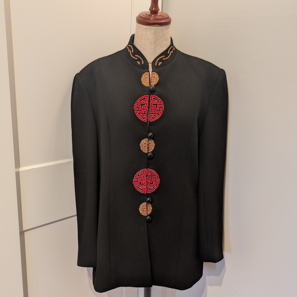 Vintage Chinese Mandarin Jacket Women Sz XL Black Embroidery Lined Zip Shanghai